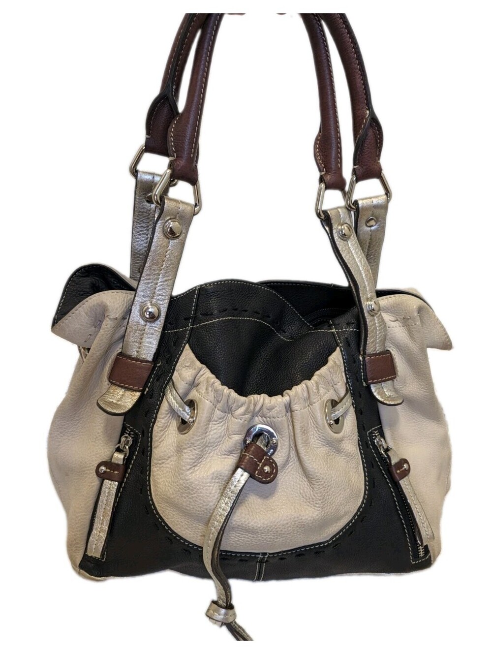 B. Makowsky Colorblock Pebbled Leather Satchel Beige Black Metallic Shoulder Bag